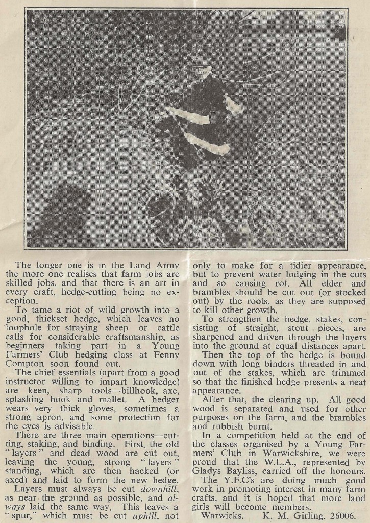 Article on Hedging written by K.M.Girlingby (26006) taken from ‘The Land Girl’ August 1943, p7