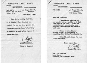 WLA Bedfordshire HQ 2 x letters from Mrs Eugster [Secretary) to Mrs Daphne Stamford nee Abraham 18 March 1944 re leaving service on marriage