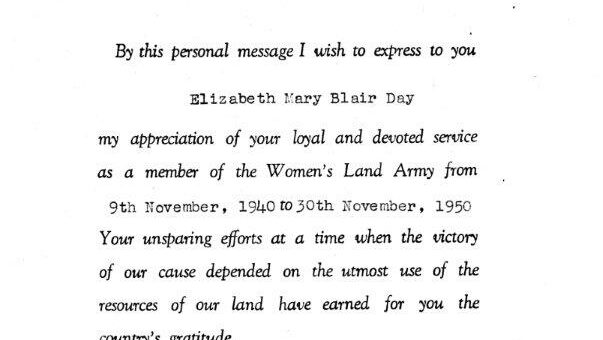 WLA-Congratulatory-letter-from-WLA-Patron-Queen-Elizabeth-consort-of-King-George-VI-to-long-service-land-girl-30-Nov-1950