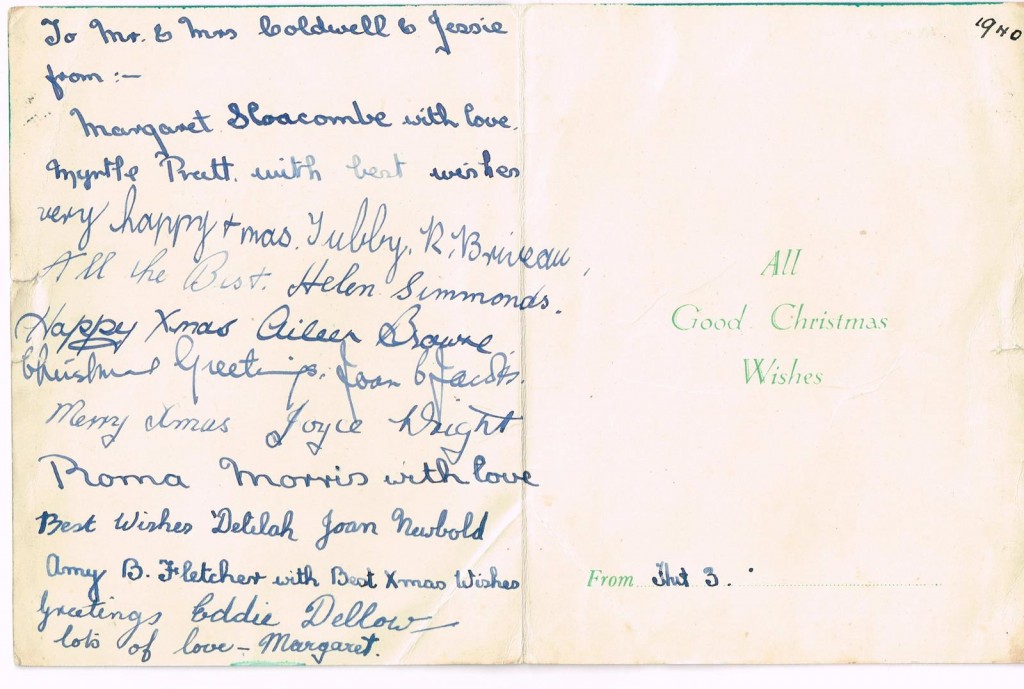 Women's Land Army Christmas Card Inside Christmas Card sent by members of Culford Camp to Margaret Elizabeth Sutherland's (nee Coldwell) mum and sister.