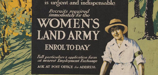 WW1 Recruitment poster showing a Land Girl, full-length facing figure, in white coat and sun hat, holding a bucket in her left hand. Source: Art.IWM PST 5489, c.1918