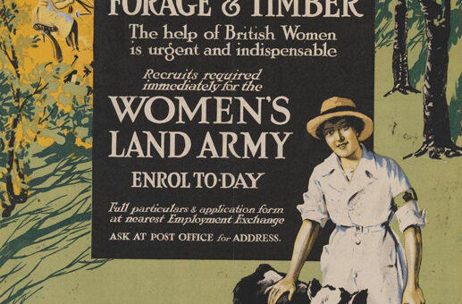 WW1 Recruitment poster showing a Land Girl, full-length facing figure, in white coat and sun hat, holding a bucket in her left hand. Source: Art.IWM PST 5489, c.1918