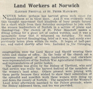 Land workers at Norwich celebrate the harvest. Source: The Landswoman, November 1918, page 247-248