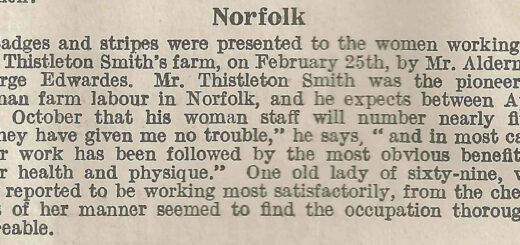 Positive reports on Mr Thistleton Smith's Farm Land Girl's working in Norfolk. Source: The Landswoman, page 80.