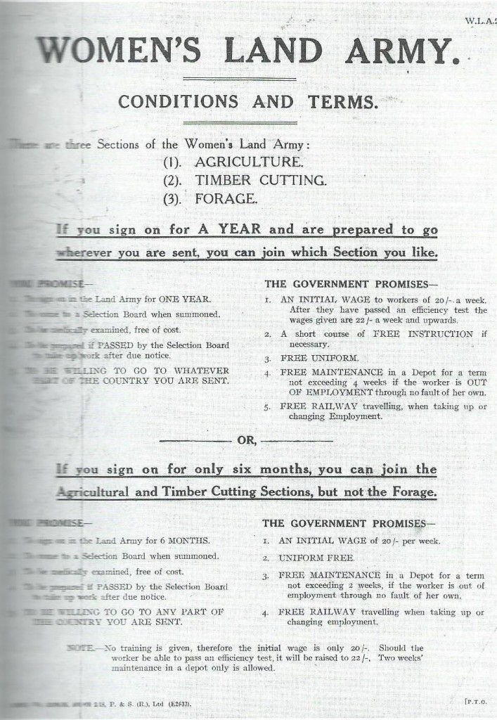 1917 Women's Land Army Conditions and Terms for women volunteer recruits. Courtesy of Stuart Antrobus.