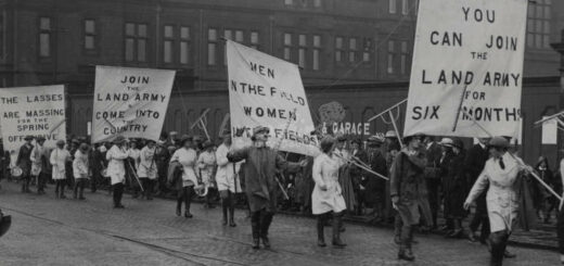 Women's Land Army, Fishergate, Preston Recruiting for Women's Land Army. Procession crossing the Railway Bridge with County Hall in the background. Source: Lancashire Lantern: Image Archive, item 4975