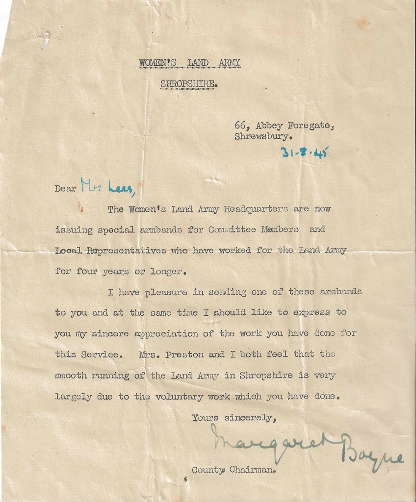 Committee Member Award Letter dated 31st August 1945 addressed to Mrs Lees from County Secretary. Source: Rachel Brenda Lees