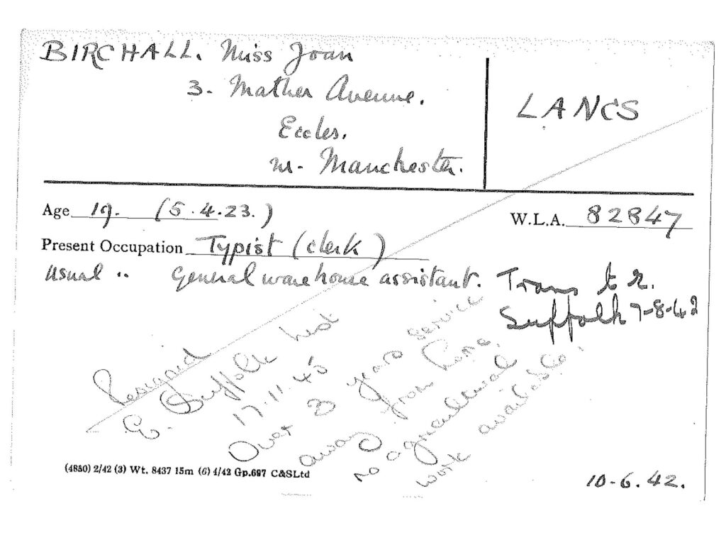 WLA scanned service record card for JOAN BIRCHALL