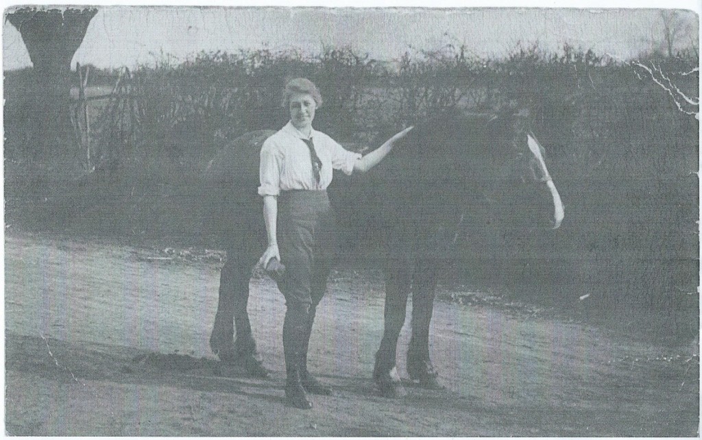 Land girl Dorothy Brown, The Grange, Gunthorpe, Peterborough c1916 grooming horse 