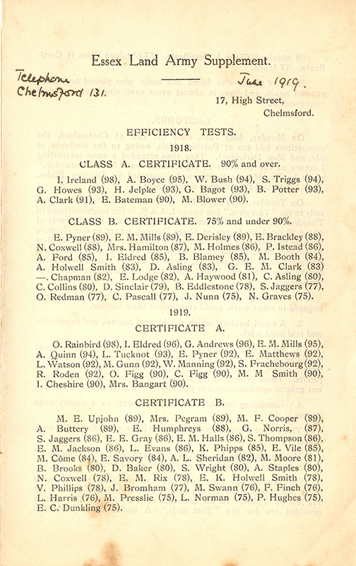 Essex Women's Land Army Supplement June 1919 First World War Land Girl Names