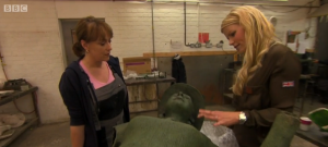 Sculptor Denise Dutton and Countryfile presenter Ellie Harrison looking at the Women's Land Army Memorial