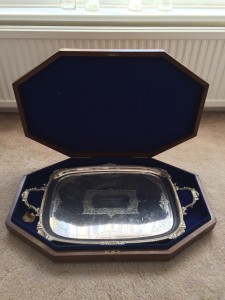 Engraved tray presented to Marjorie Haigh for her work as county organiser.