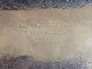 Engraved tray presented to Marjorie Haigh for her work as organising secretary.