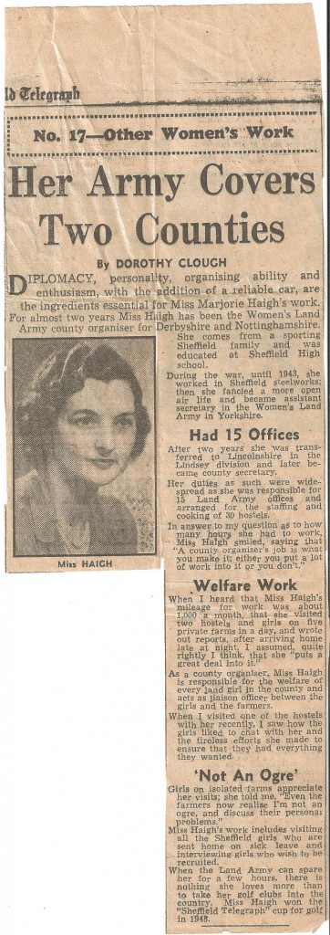 Newspaper Article on Marjorie Haigh celebrating her work as county organiser.