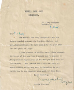 Committee Member Award Letter, 31st August 1945 Source: The late Shropshire historian Rachel Brenda Lees