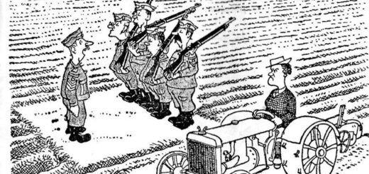 WLA WW2 cartoon re tractor-driving land girl & local Home Guard volunteers 082