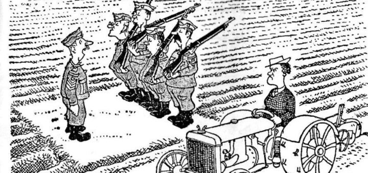 WLA WW2 cartoon re tractor-driving land girl & local Home Guard volunteers 082