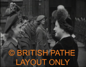 HRH The Queen Mother talking with a member of the Women's Land Army at the Harvest Festival In Westminster Abbey, 01/11/1948. Click on the image for a link to the full video.