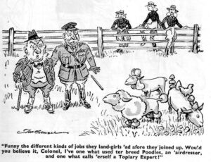 "Funny the different kinds of jobs these land girls had..." Cartoon. Source: Laughs Around The Land Courtesy of Stuart Antrobus