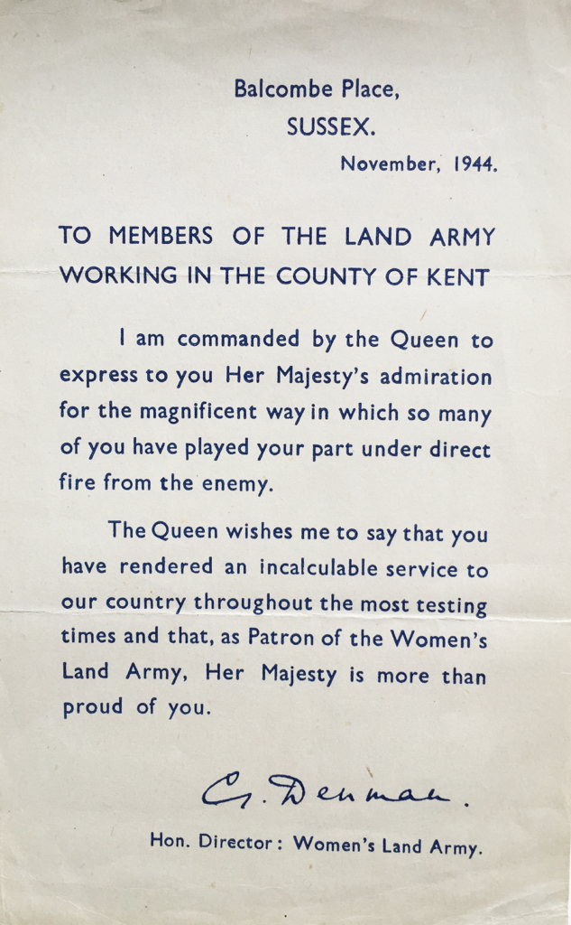 Letter to Kent Land Girls From Lady Denman