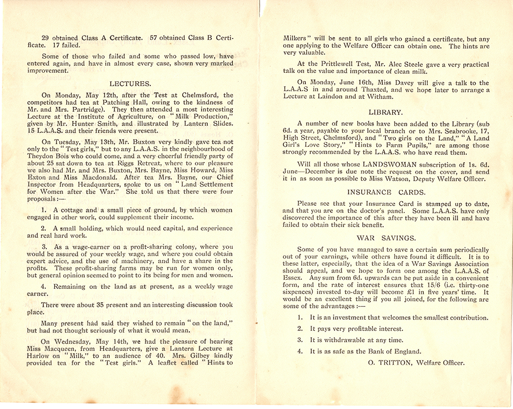 Essex Land Army Supplement Page 2, June 1919.