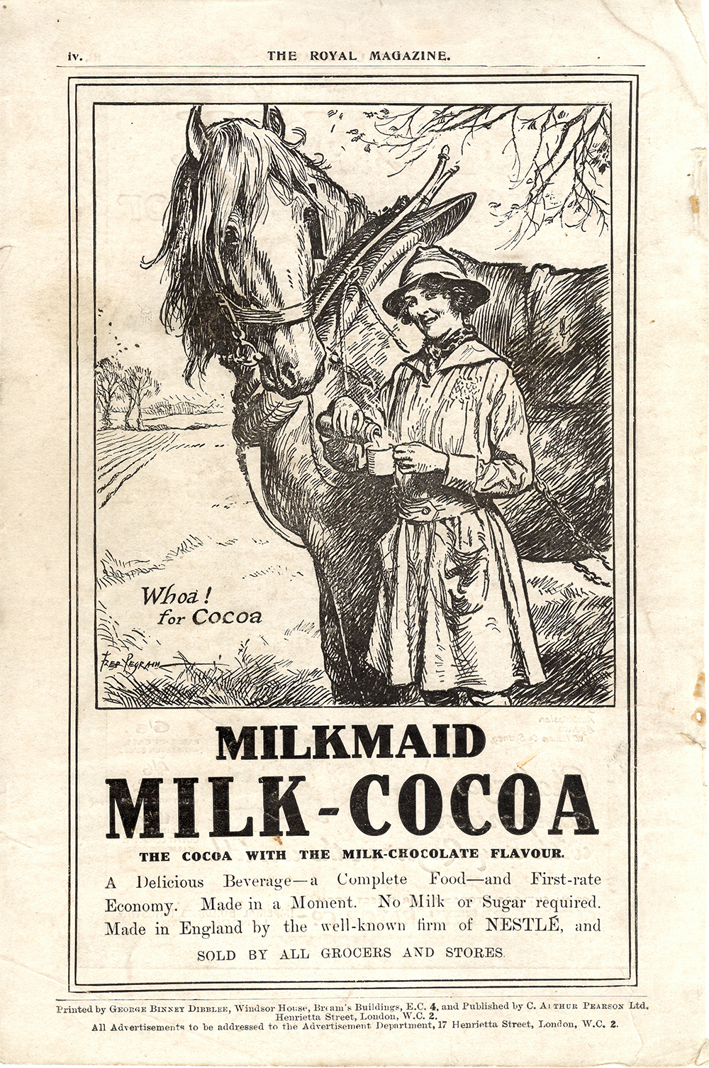 A World War One Land Girl milkmaid advertising Milk Cocoa, published in The Royal Magazine in 1918.