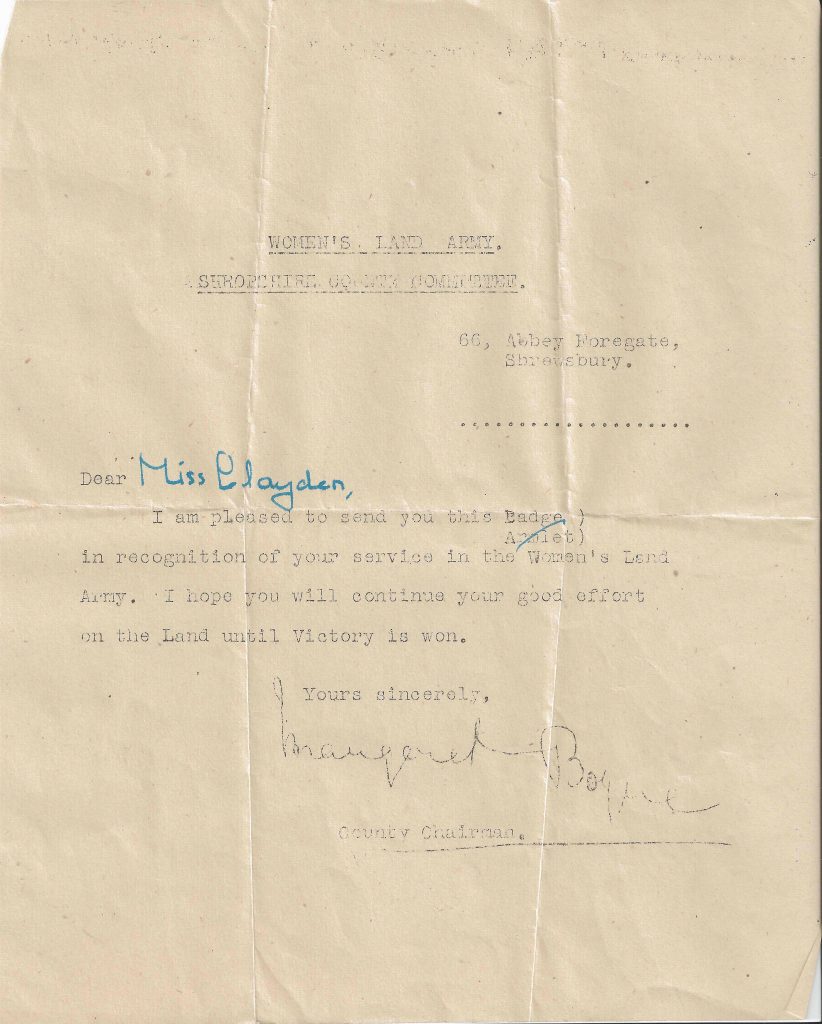 Presumably by the time Dorothy attended the parade, she would have been issued with a WLA badge, as this undated letter states.