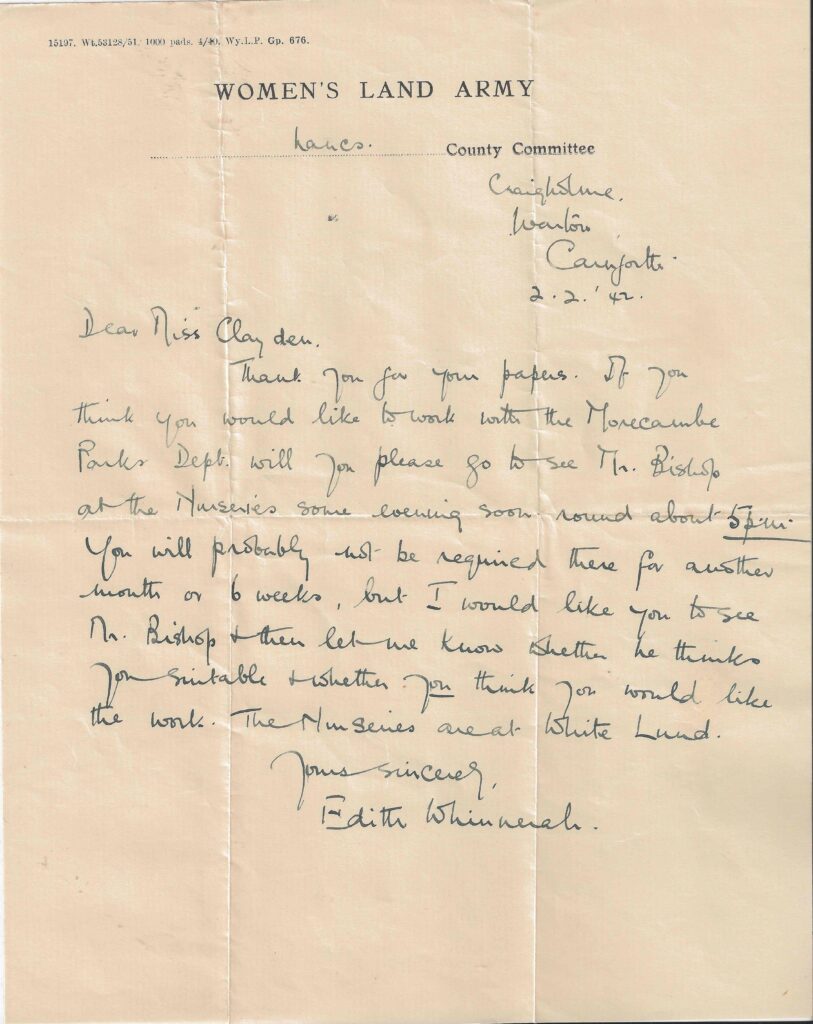 Invitation to Dorothy Clayden to work with Morecombe Parks Department, 2nd February 1944.