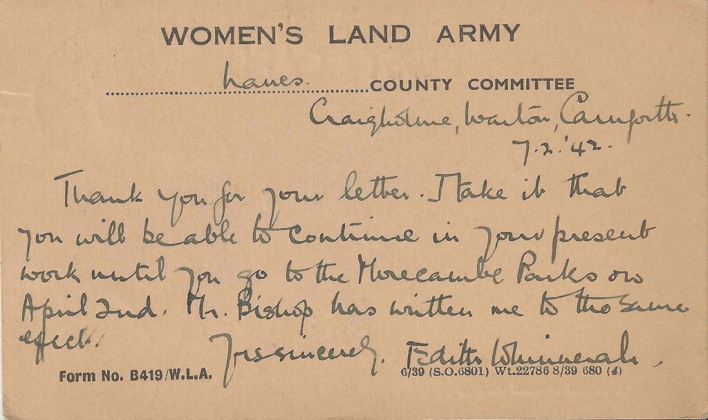 Letter confirming Dorothy Clayden's upcoming work at Morecombe Parks, 7th February 1942