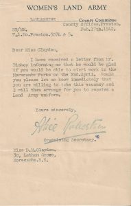 Letter from WLA confirming Dorothy Clayden's work at Morecambe park, 17th February 1942.