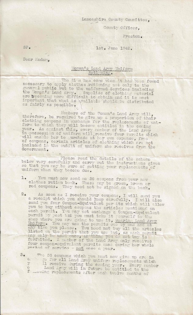 Letter sent on 1st June 1942 regarding the rationing of clothing in return for Dorothy's WLA uniform.