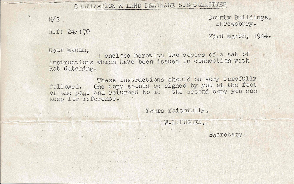 Letter sent to Dorothy in March 1944 with instructions on rat catching.