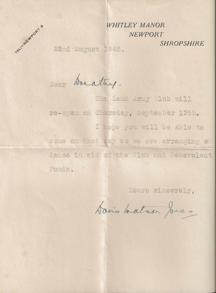 A letter sent to Dorothy about a dance happening at the reopening of the WLA club.