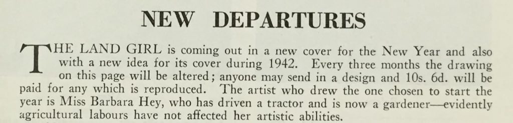 New Departures from the front page of the April 1942 edition of The Land Girl.