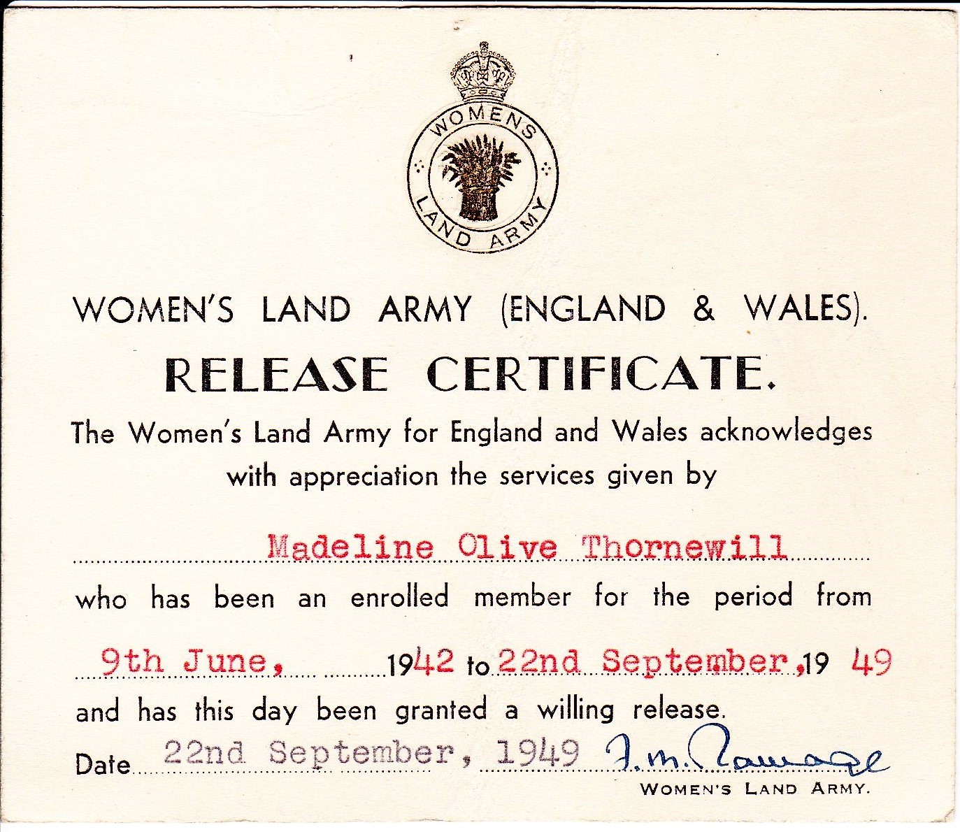 Madeline Olive Thornewill WLA Release Certificate Women s Land Army co uk
