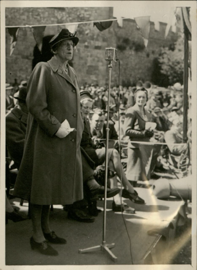 Lady Denman making a speech at Arundel Castle Land Army rally  (May 1943) Source: Garland N22143, West Sussex Record Office