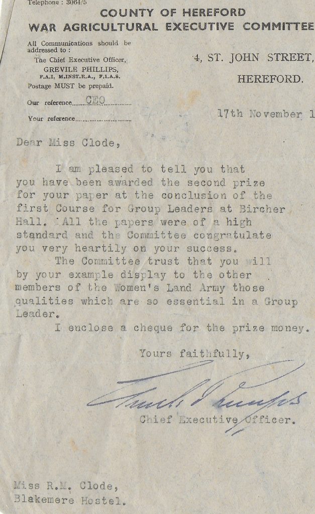 A letter sent to Renee May Clode awarding her second prize for her paper on the conclusion of first Course for Group Leaders at Bircher Hall.