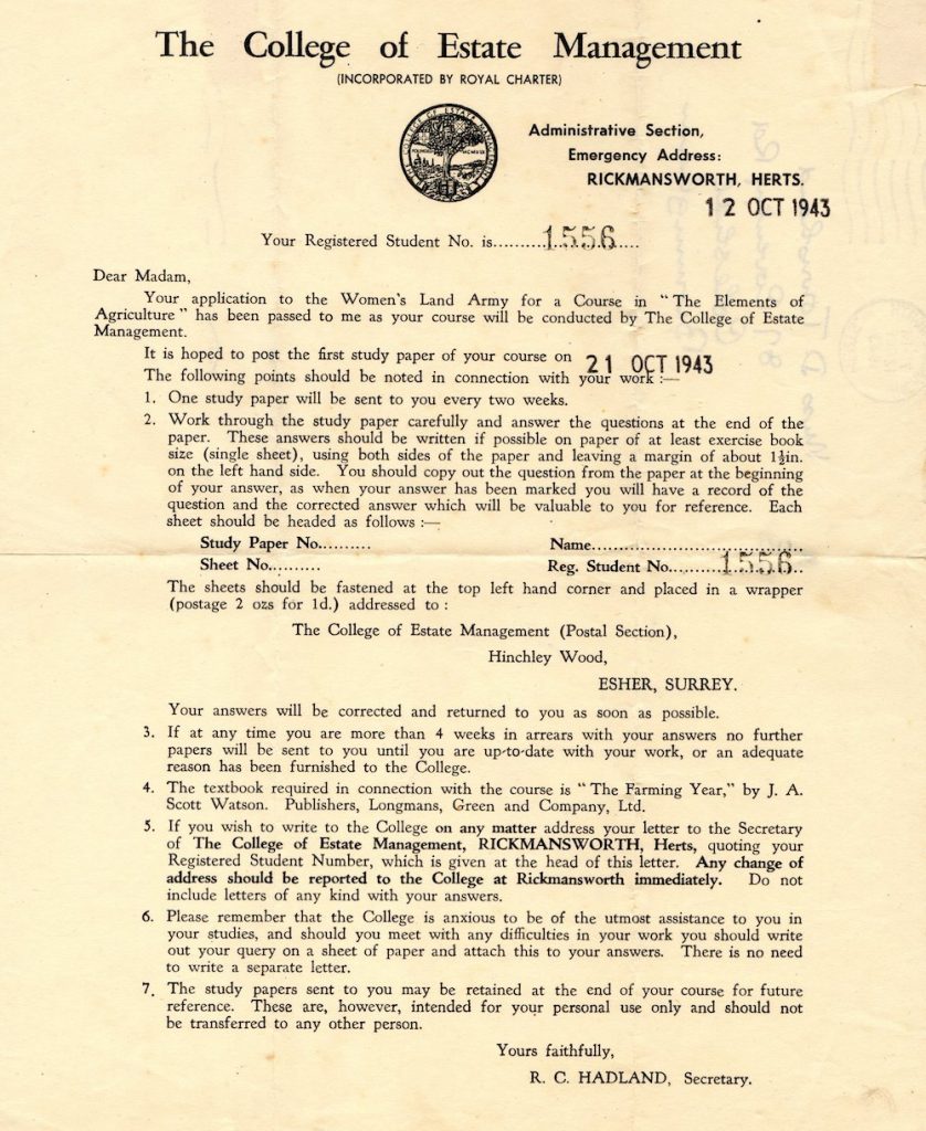 A confirmation letter send to Land Girl D Townshend confirming her enrolment on the Elements of Agriculture Course in October 1943.