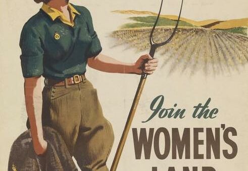 FOR A HEALTHY, HAPPY JOB - JOIN THE WOMEN'S LAND ARMY (Art.IWM PST 6078) image: a young woman, wearing the Land Army uniform, stands with a pitchfork in her left hand and holds her jacket in her right. She surveys a field of wheat. Copyright: � IWM. Original Source: http://www.iwm.org.uk/collections/item/object/36790