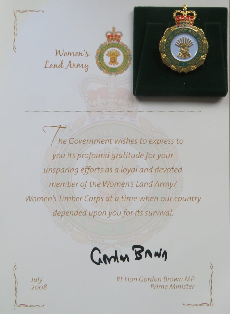 D. Platts Land Army badge, awarded 2008.