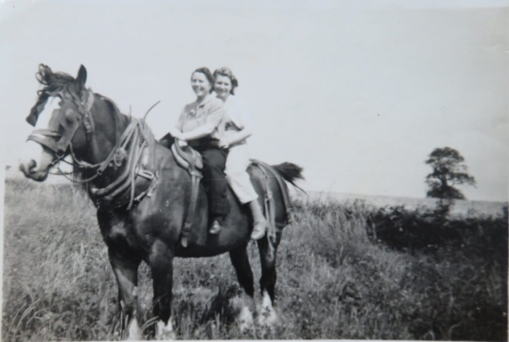 Dorothy Platts at rear of farm shire-horse, 1944, Wykeham. Land Army. 