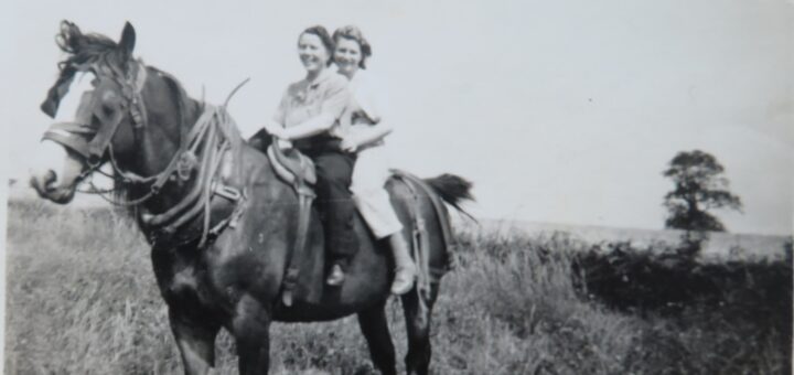 Dorothy Platts at rear of farm shire-horse, 1944, Wykeham. Land Army.