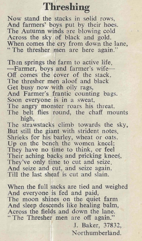 A poem on Threshing by Northumberland Land Girl J.Baker.