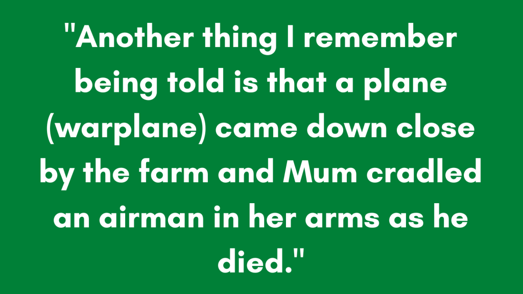 Another thing I remember being told is that a plane (warplane) came down close by the farm and Mum cradled an airman in her arms as he died. 